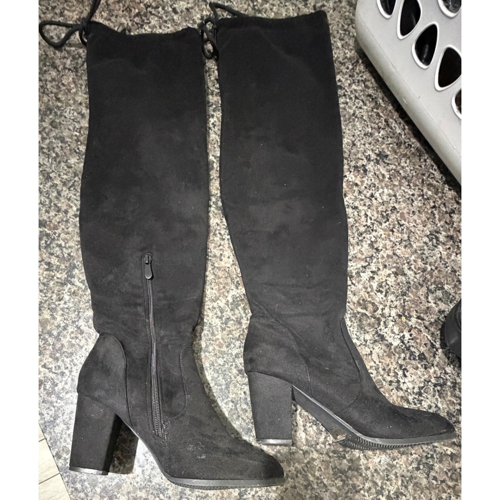 Black Faux Suede Over The Knee Boots Block Heel Tie Back Pointed Toe Womens 7.5
